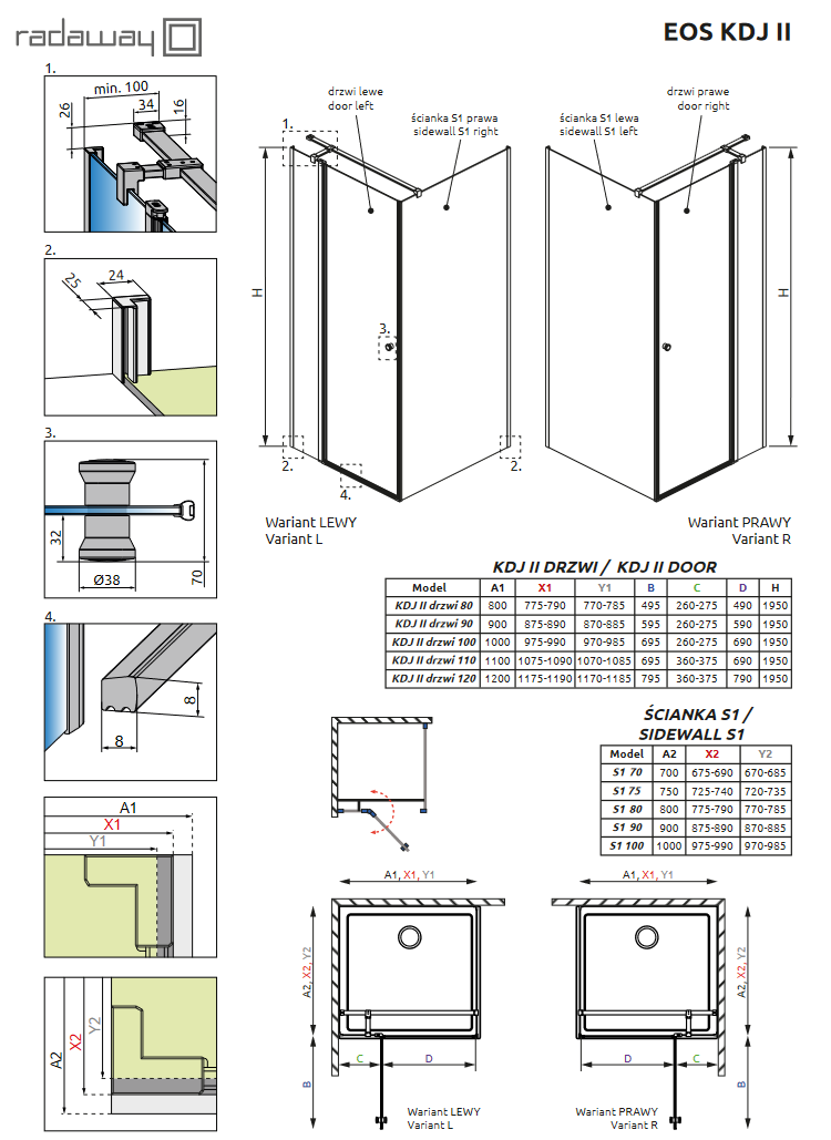 Radaway Eos KDJ II kabina kwadratowa 80x80 drzwi wahadłowe prawe 80 i ścianka 80 chrom przeźroczyste Easy Clean 13799420-01R + 13799410-01