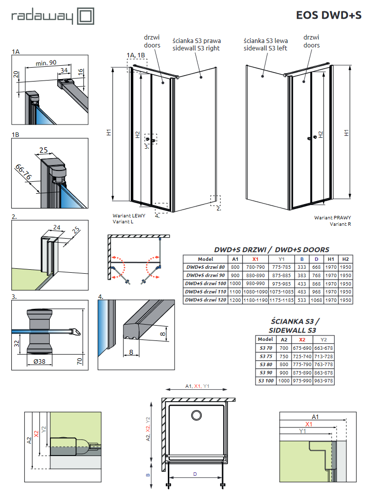 Radaway Eos DWD+S kabina prostokątna 110x90 drzwi wahadłowe 110 i ścianka 90 chrom przeźroczyste Easy Clean 13799493-01 + 13799451-01