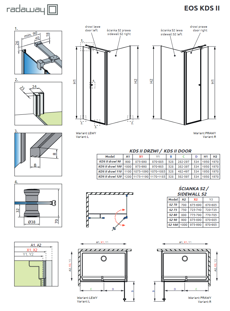 Radaway Eos KDS II kabina kwadratowa 100x100 drzwi wahadłowe prawe 100 i ścianka 100 chrom przeźroczyste Easy Clean 13799482-01R + 13799432-01