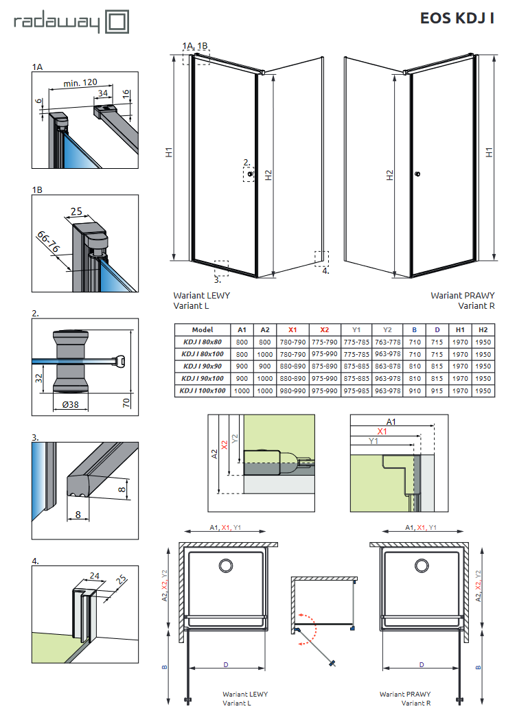 Radaway Eos KDS I kabina prostokątna 120x80 drzwi wahadłowe prawe 120 i ścianka 80 chrom przeźroczyste Easy Clean 137553-01-01R