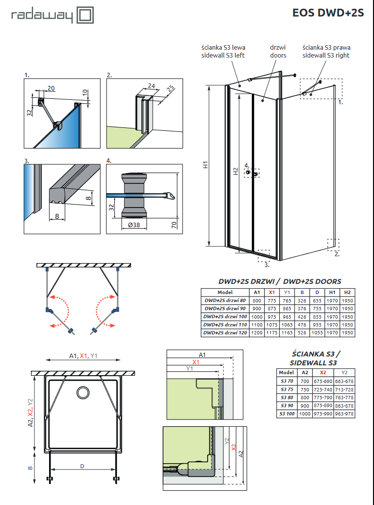 Radaway Eos DWD+2S kabina trójścienna 90x100x90 drzwi wahadłowe 100 i ścianki 90 chrom przeźroczyste Easy Clean 13799451-01 + 13799402-01 + 13799451-01