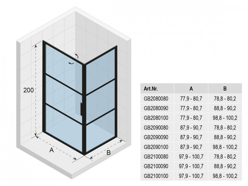 Riho Grid GB201 kabina prostokątna 90x100 drzwi wahadłowe 90 + ścianka 100 czarny przeźroczyste RIHO Shield GB2090100