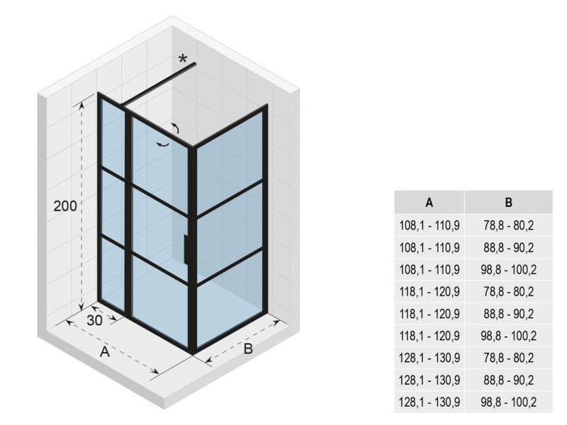 Riho Grid GB203 kabina prostokątna 110x90 drzwi wahadłowe 110 + ścianka 90 czarny przeźroczyste RIHO Shield GB2110090