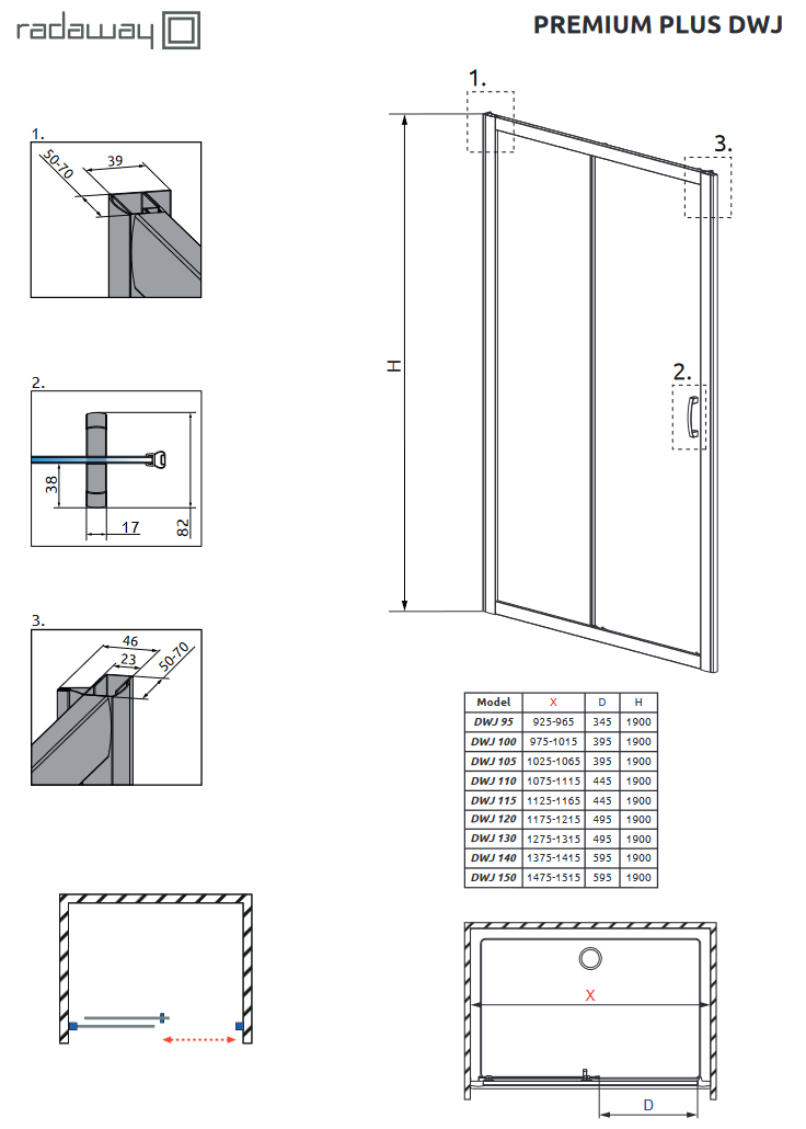 Radaway Premium Plus DWJ drzwi wnękowe przesuwne 95 cm chrom przeźroczyste Easy Clean 33304-01-01N