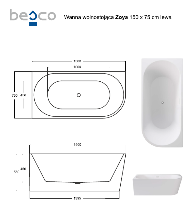 Besco Zoya wanna wolnostojąca przyścienna lewa 150x75 cm akryl biały + syfon biały WAS-150-ZLB