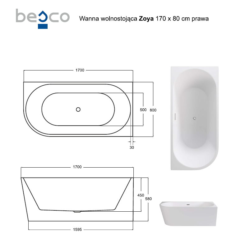 Besco Zoya wanna wolnostojąca przyścienna prawa 170x80 cm akryl biały + syfon białym WAS-170-ZPB