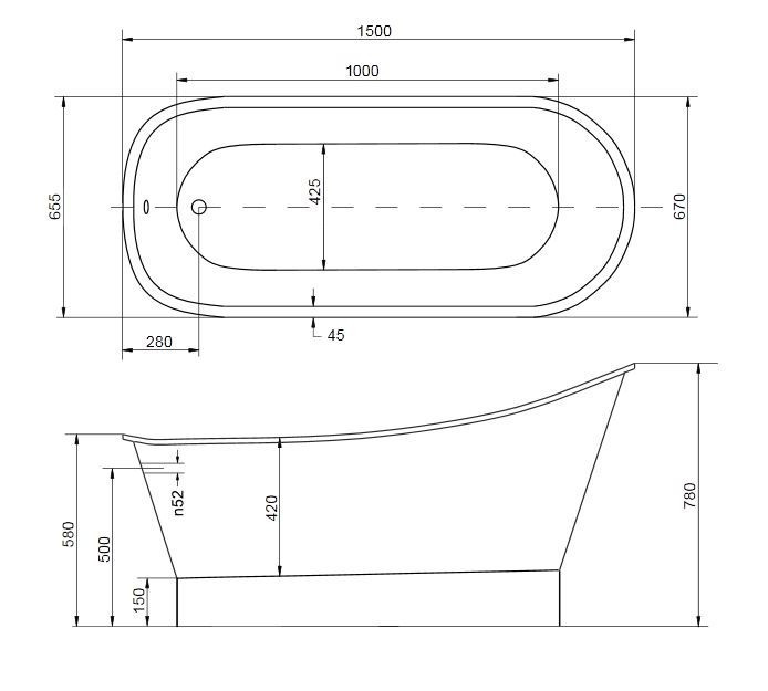 BESCO Gloria XS wanna wolnostojąca 150X66 cm Mineral DuraBe + syfon czarny WMD-150-GLB