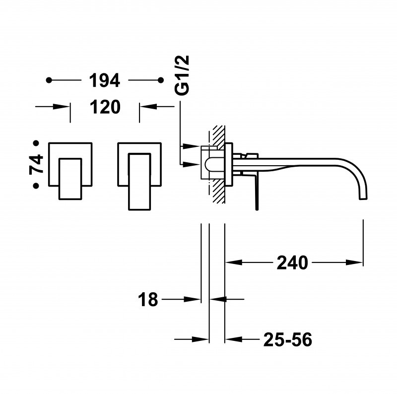 Tres Cuadro bateria umywalkowa podtynkowa 240 mm chrom 00630002