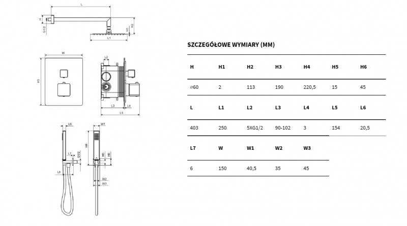 Excellent Keria termostatyczny zestaw podtynkowy z deszczownicą 25x25 3-drożny czarny mat AREX.SET.2048BL