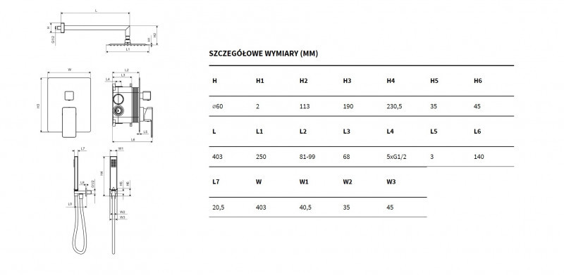 Excellent Keria zestaw podtynkowy z deszczownicą 25x25 3-drożny czarny mat AREX.SET.2047BL