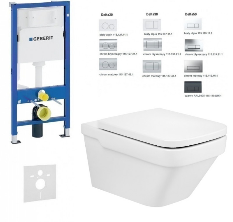 Geberit Duofix Delta + Roca Dama-N Rimless 57 - Zestaw 6w1 - kompletny stelaż + muszla + deska wolnoopadająca