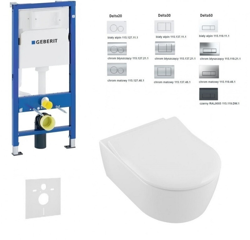 Geberit Duofix Delta + Villeroy&Boch Avento Directflush - Zestaw 6w1 - kompletny stelaż + muszla + deska wolnoopadająca slim