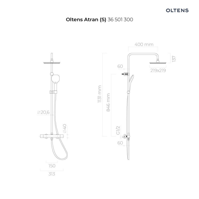 Oltens Atran S kolumna zestaw prysznicowy termostatyczny z deszczownicą kwadratową i słuchawką chrom 36501100