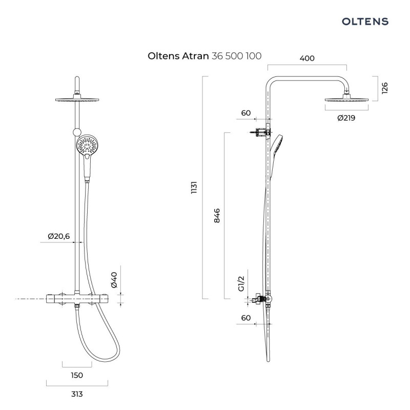 Oltens Atran kolumna zestaw prysznicowy termostatyczny z deszczownicą i słuchawką chrom 36500100