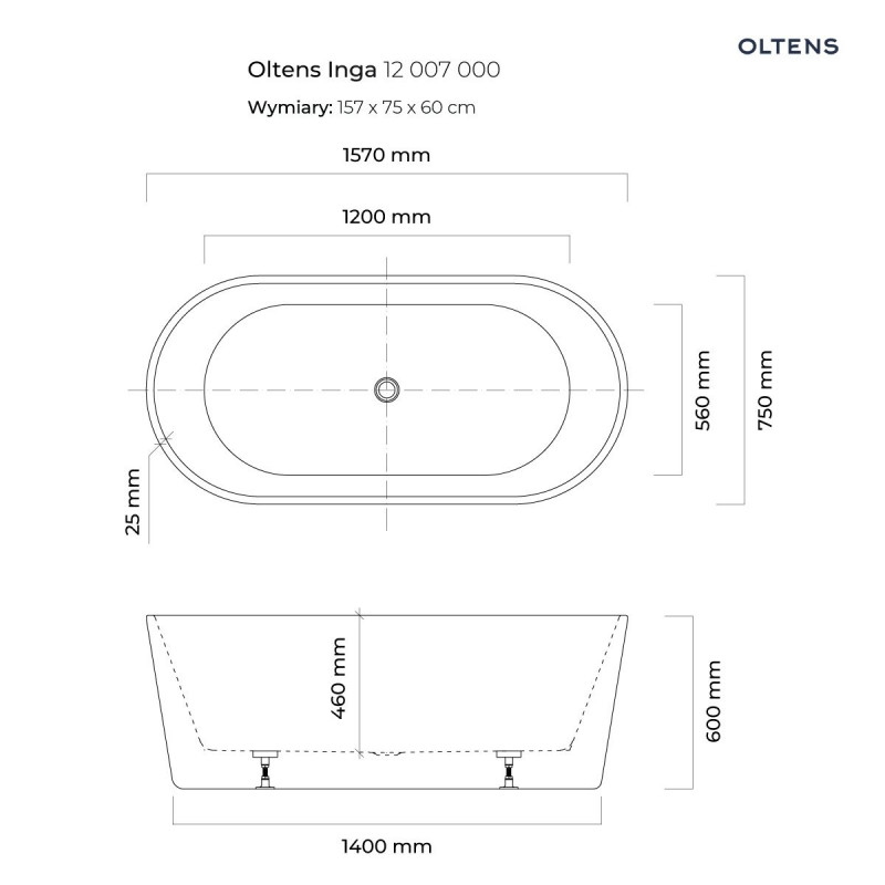 Oltens Inga wanna wolnostojąca 157x75 cm owalna akryl biały połysk 12007000