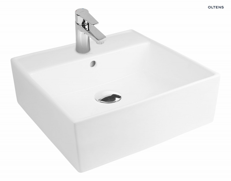 Oltens Hyls umywalka 47x47 cm nablatowa kwadratowa z powłoką SmartClean biała 41809000