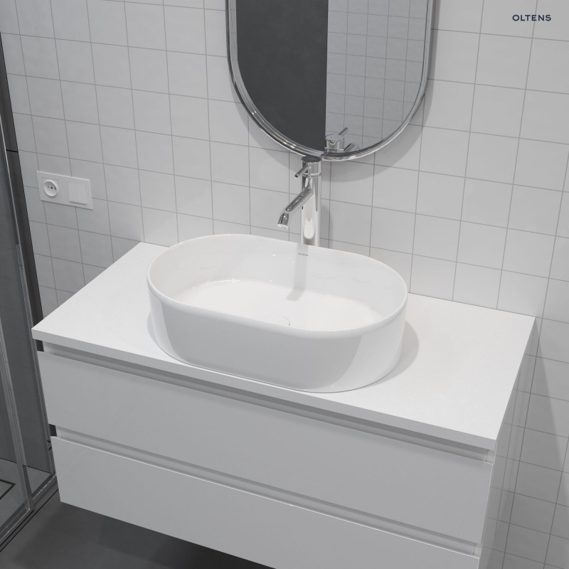 Oltens Lom umywalka 55x34 cm nablatowa owalna z powłoką SmartClean biała 40811000