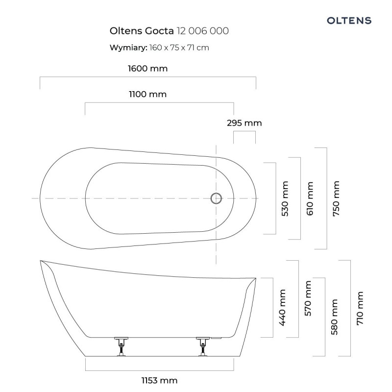 Oltens Gocta wanna wolnostojąca 160x75 cm akryl biały połysk 12006000