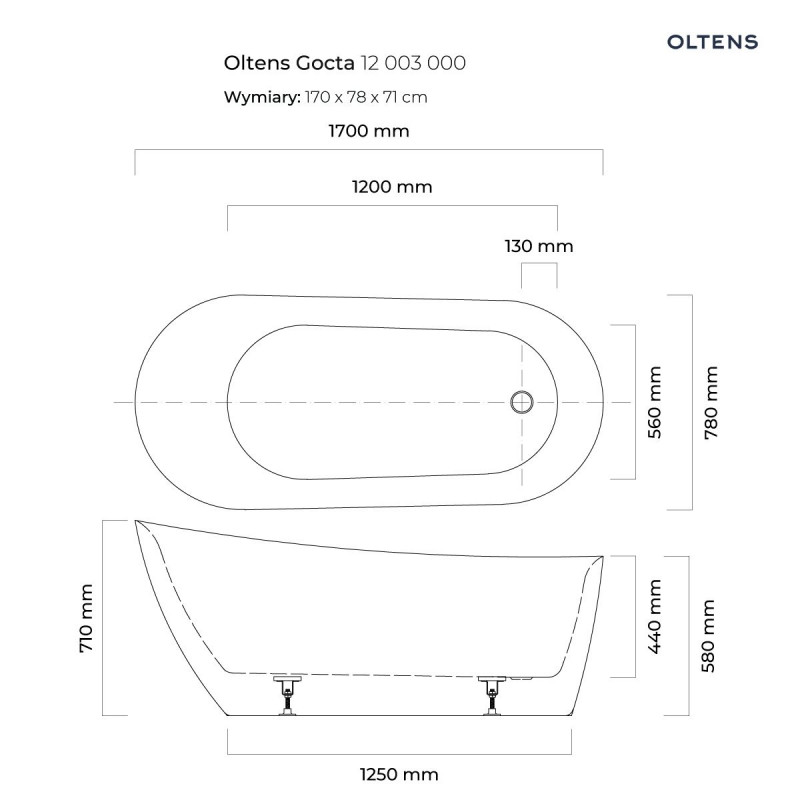 Oltens Gocta wanna wolnostojąca 170x78 cm akryl biały połysk 12003000