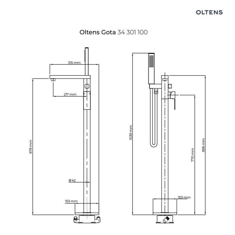 Oltens Gota bateria wannowa wolnostojąca podłogowa czarny mat 34301300