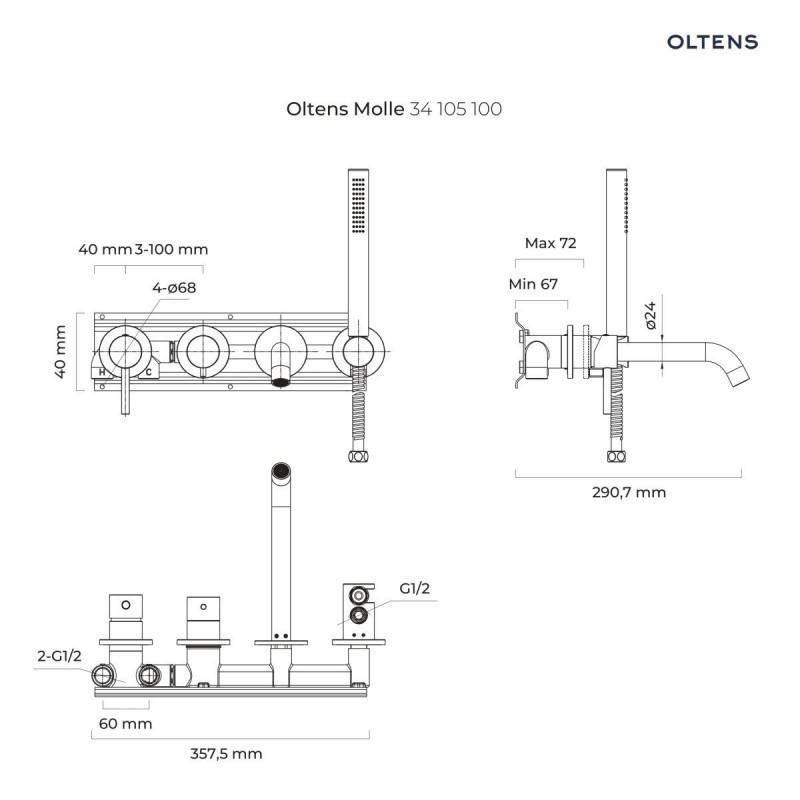 Oltens Molle bateria wannowa podtynkowa 4-otworowa kompletna złoty szczotkowany 34105810