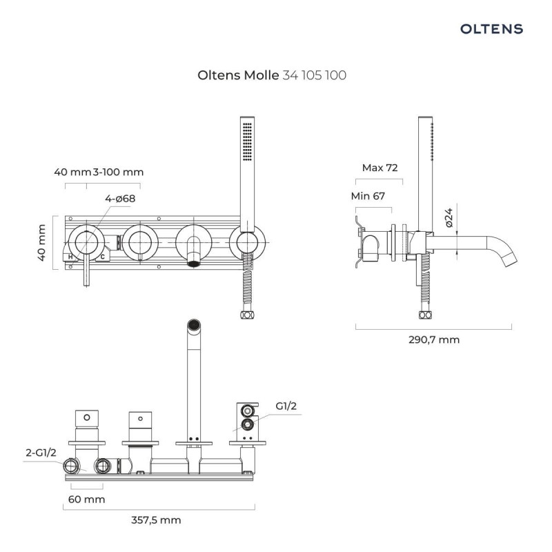 Oltens Molle bateria wannowa podtynkowa 4-otworowa kompletna chrom 34105100