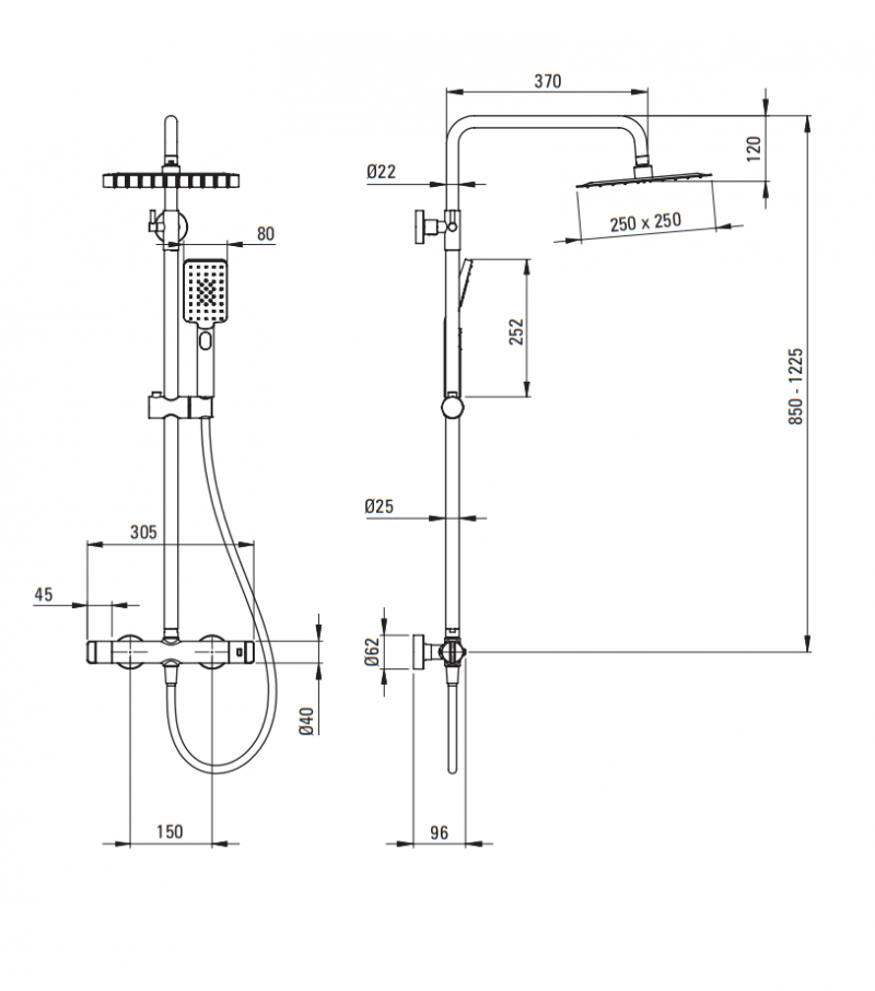 Deante Cascada termostatyczny zestaw prysznicowy z deszczownicą 25x25 titanium NACD4HT