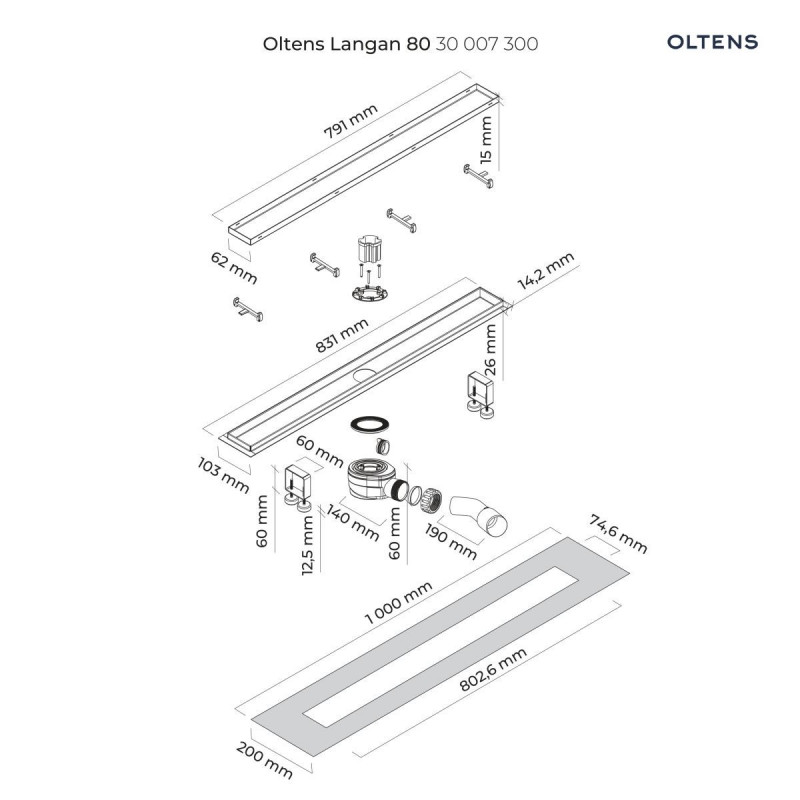 Oltens Langan 80 uniwersalny 2w1 odpływ prysznicowy liniowy 80 cm z kołnierzem czarny mat 30007300