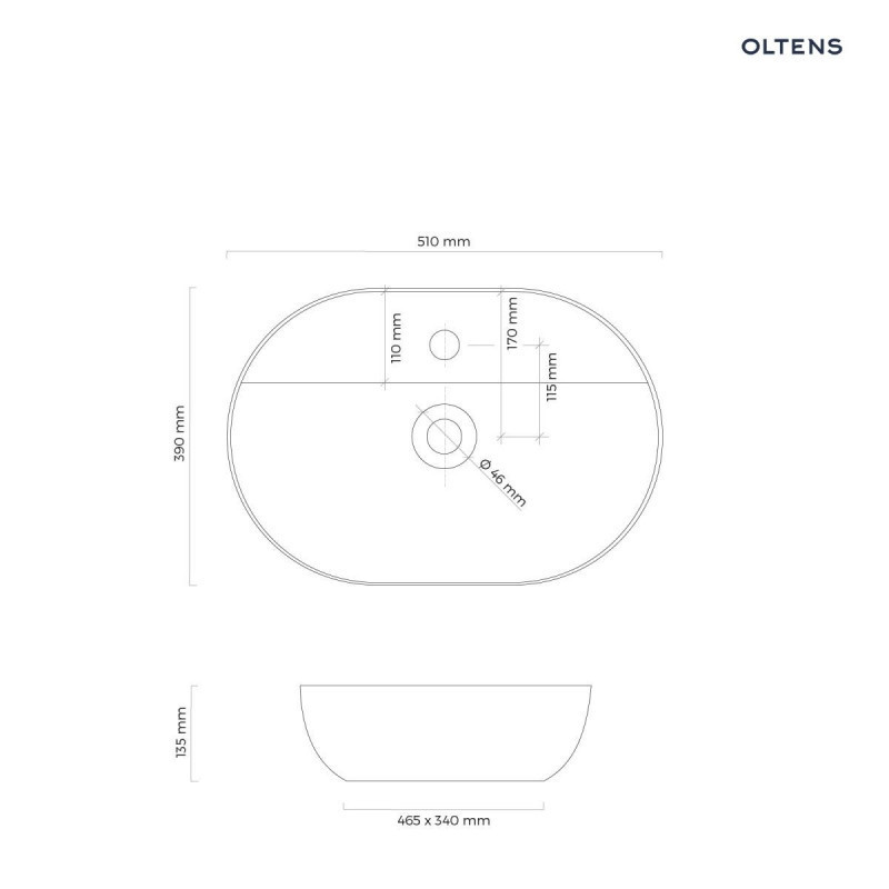 Oltens Hamnes Thin umywalka 51x39 cm stawiana na blat z otworem czarny mat 41313300