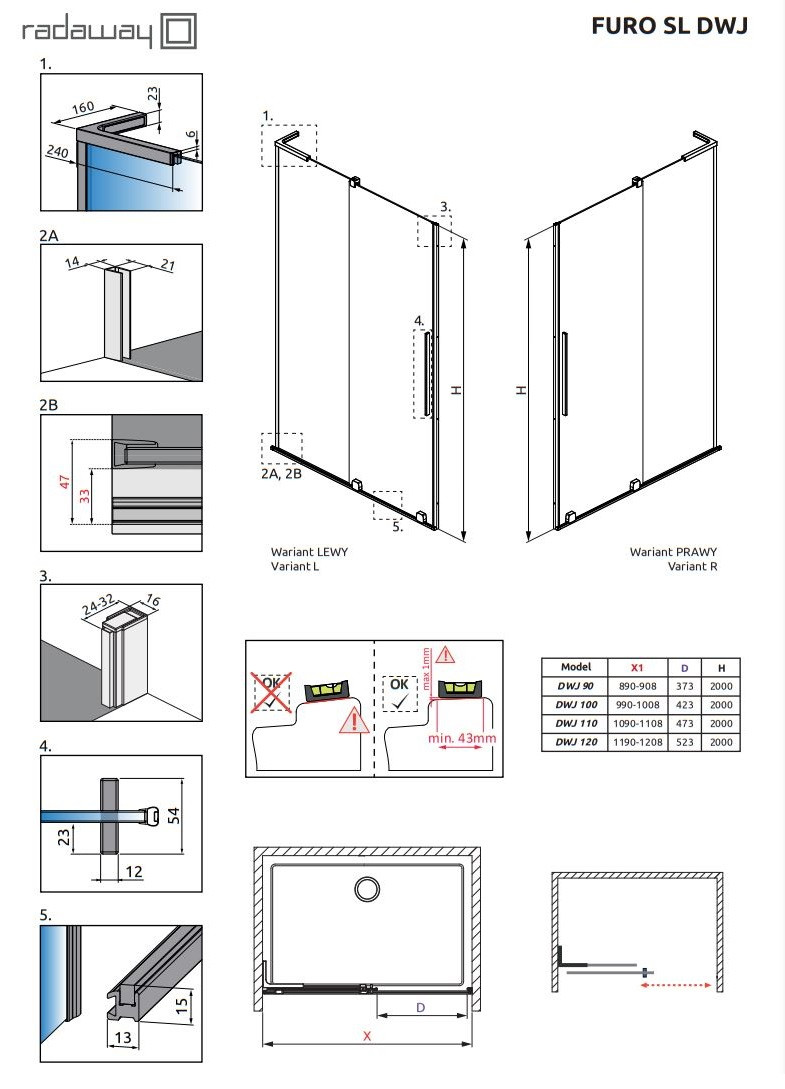 Radaway Furo SL Black DWJ drzwi do wnęki przesuwne 90 cm lewe czarny przeźroczyste Easy Clean 10307472-54-01L + 10110430-01-01