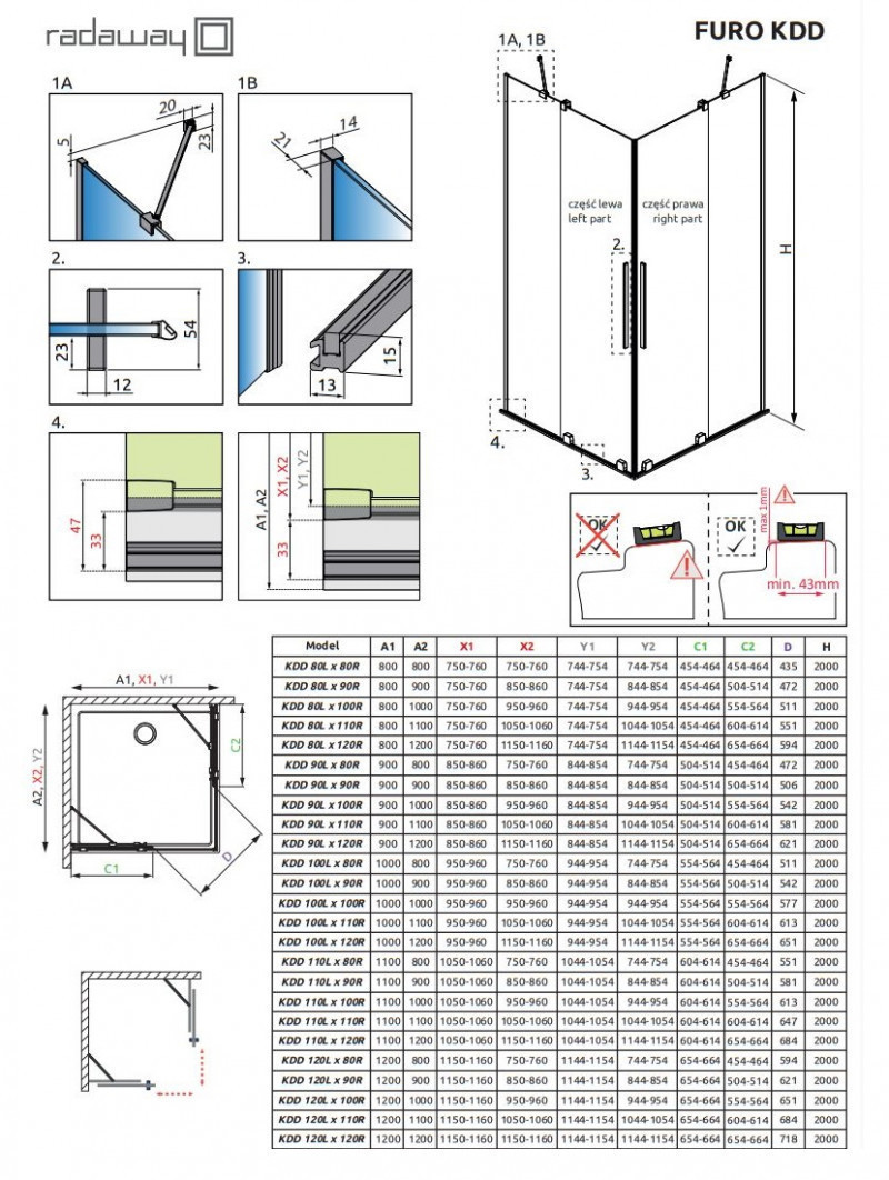 Radaway Furo Brushed Nickel KDD 1/2 kabiny drzwi przesuwne 120 cm lewe nikiel szczotkowany Easy Clean 10105120-91-01L