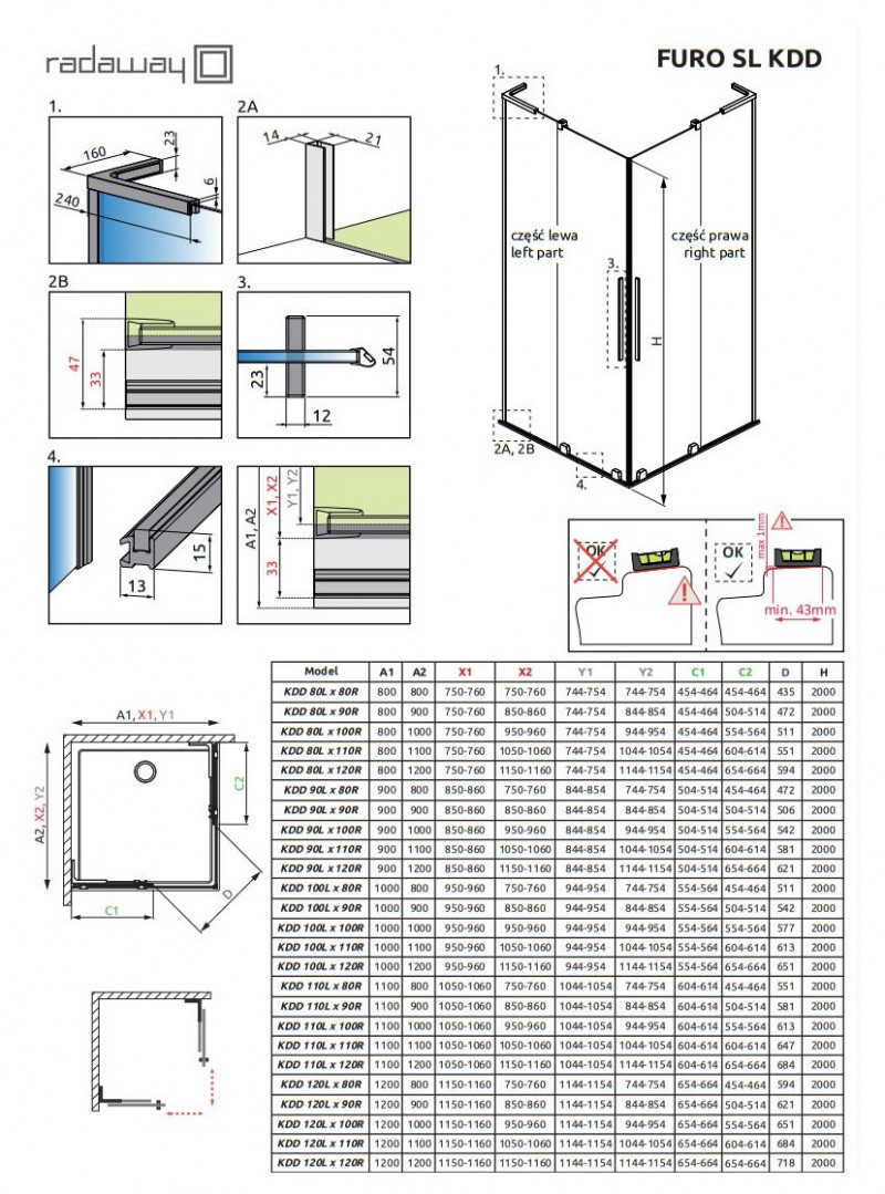 Radaway Furo SL Brushed Nickel KDD 1/2 kabiny drzwi przesuwne 120 cm lewe nikiel szczotkowany Easy Clean 10305120-91-01L