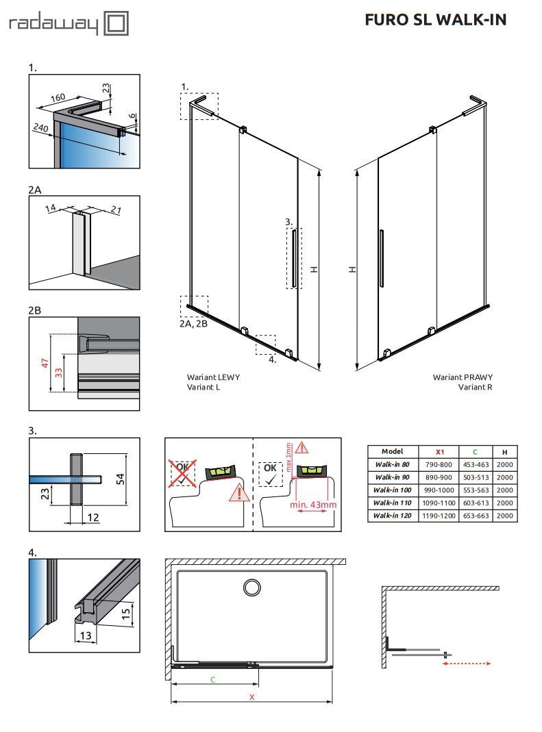 Radaway Furo SL Black kabina typu Walk-In ścianka suwana 120 cm lewa czarny przeźroczyste Easy Clean 10306638-54-01L + 10110594-01-01