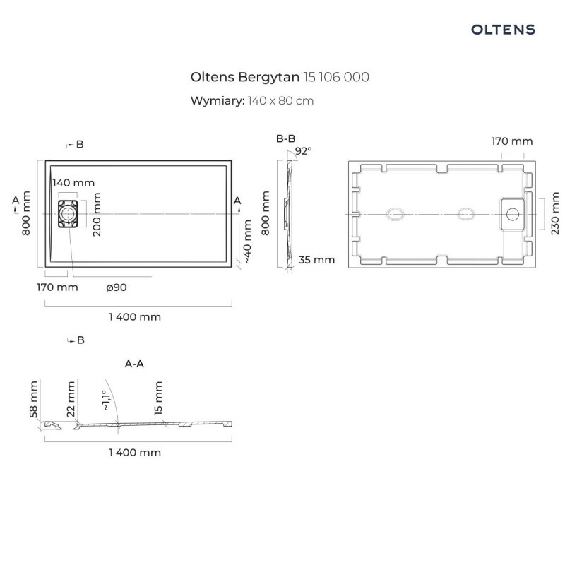 Oltens Bergytan brodzik prostokątny 140x80 cm konglomerat RockSurface szary beton 15106700