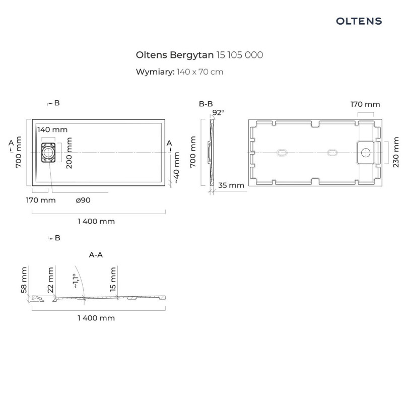 Oltens Bergytan brodzik prostokątny 140x70 cm konglomerat RockSurface biały 15105000