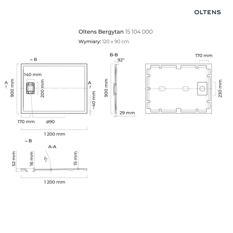 Oltens Bergytan brodzik prostokątny 120x90 cm konglomerat RockSurface czarny mat 15104300