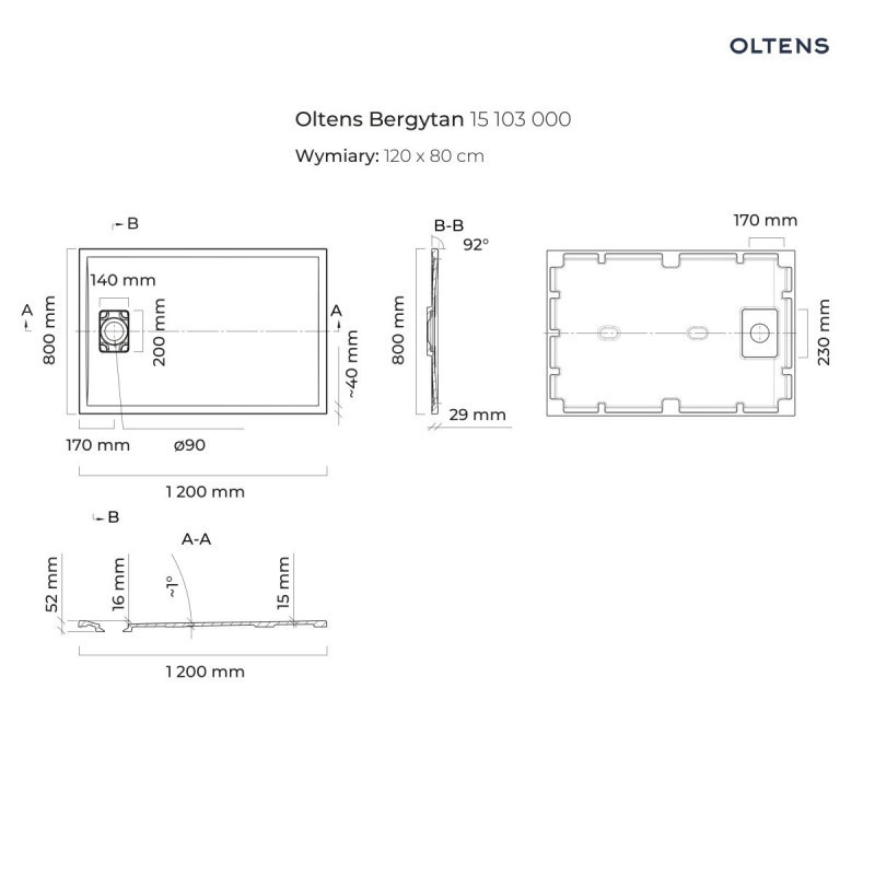 Oltens Bergytan brodzik prostokątny 120x80 cm konglomerat RockSurface czarny mat 15103300