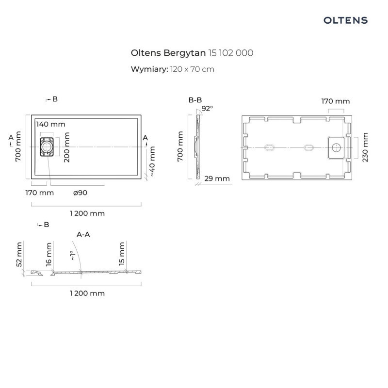 Oltens Bergytan brodzik prostokątny 120x70 cm konglomerat RockSurface czarny mat 15102300