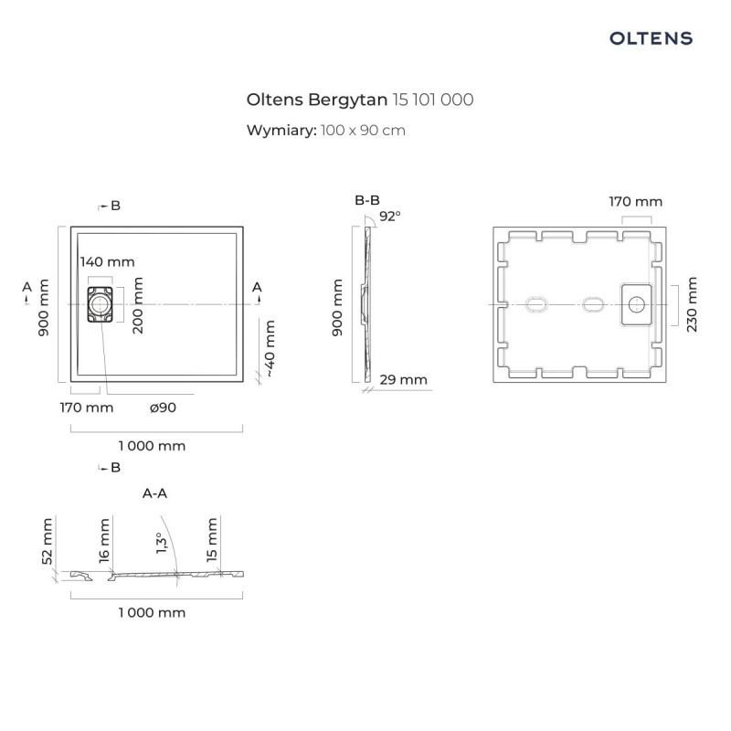 Oltens Bergytan brodzik prostokątny 100x90 cm konglomerat RockSurface czarny mat 15101300