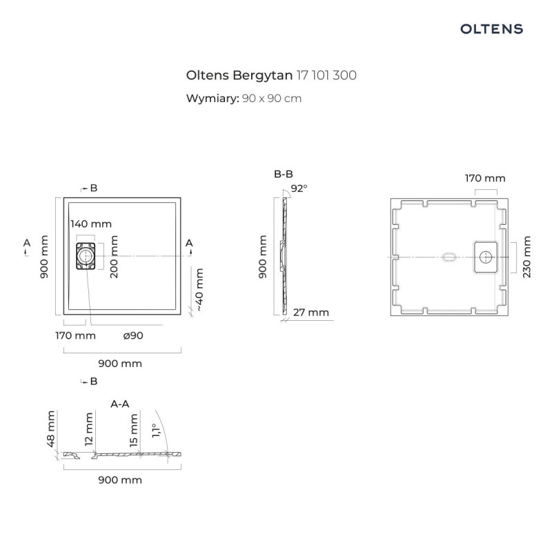 Oltens Bergytan brodzik 90x90 cm kwadratowy konglomerat RockSurface czarny mat 17101300