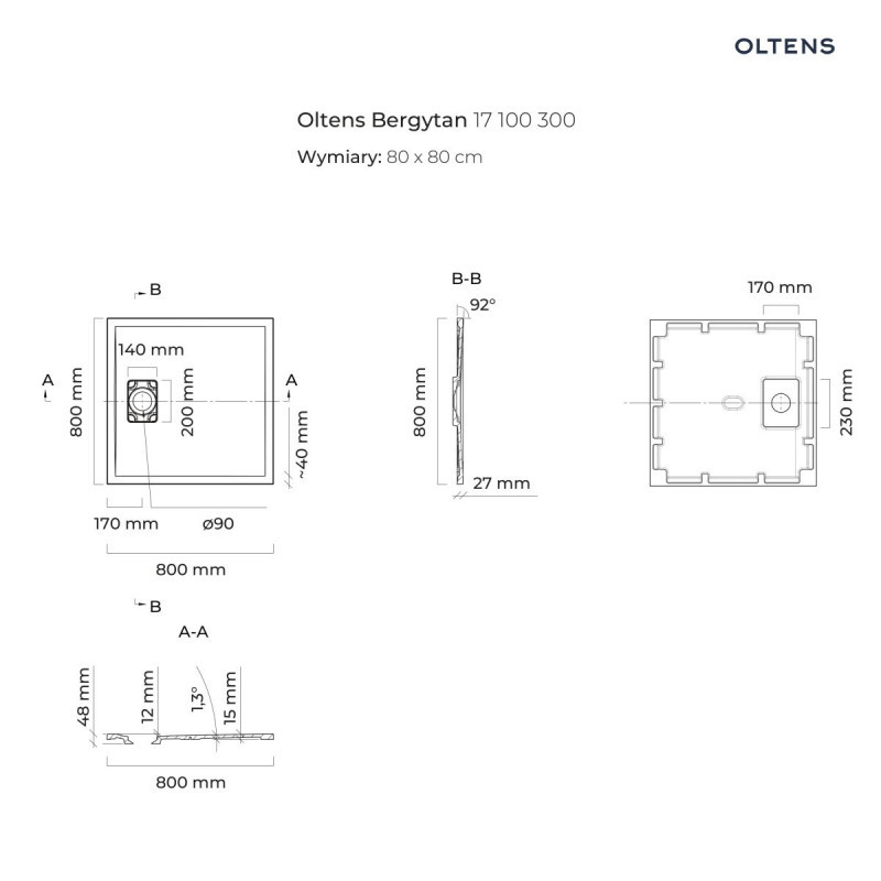 Oltens Bergytan brodzik 80x80 cm kwadratowy konglomerat RockSurface szary beton 17100700