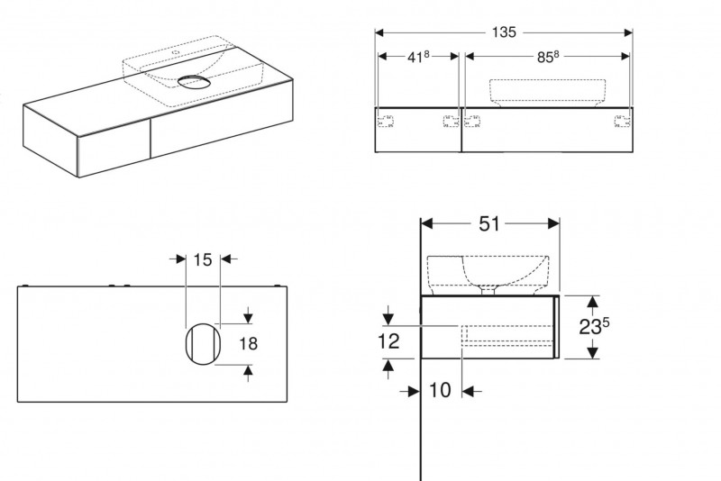 Geberit Variform Szafka 135 cm z blatem pod umywalkę stawianą na blat, lava grafitowy mat 501.178.00.1