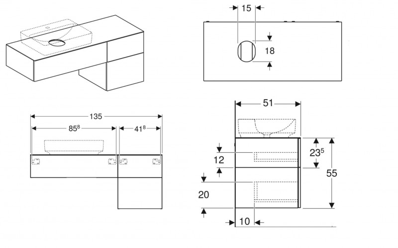 Geberit Variform Szafka 135 cm trzy szuflady z blatem pod umywalkę stawianą na blat, biały 501.189.00.1