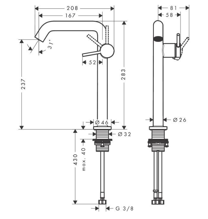 Hansgrohe Tecturis S bateria umywalkowa wysoka 240 Fine CoolStart Ecosmart z korkiem klik-klak push-open czarny mat 73370670