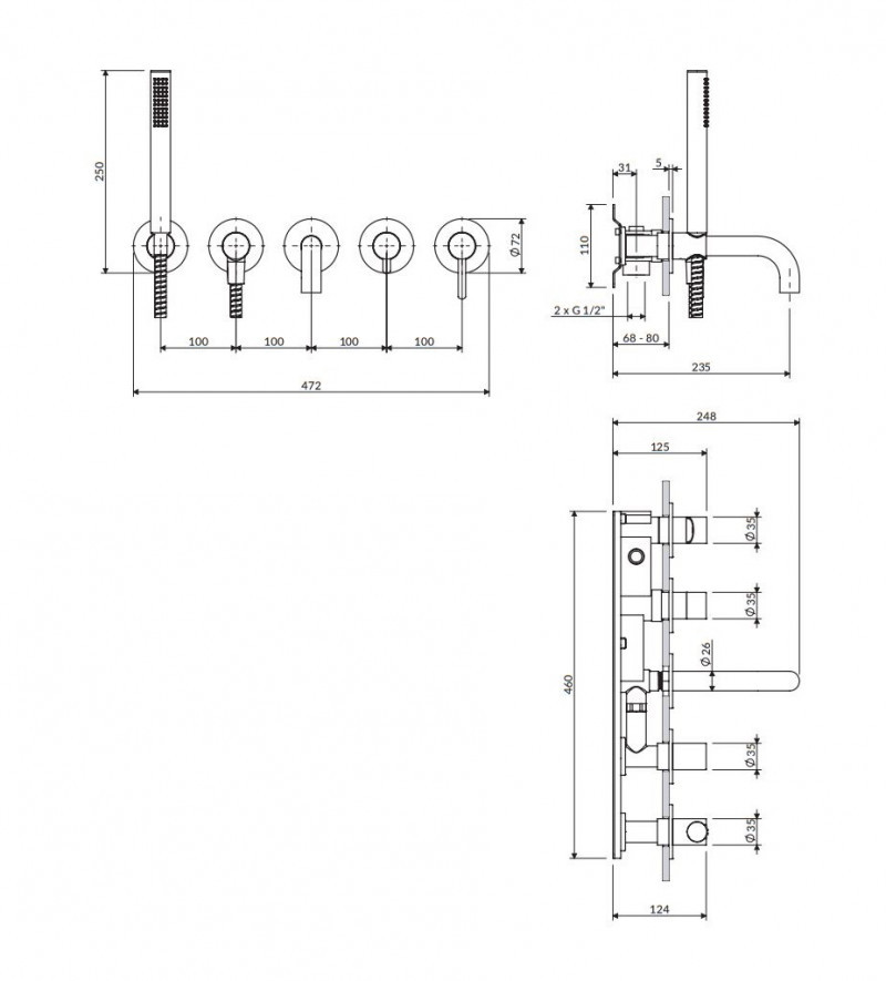 Omnires Y bateria wannowa 5-otworowa podtynkowa grafit Y1237/1SGR