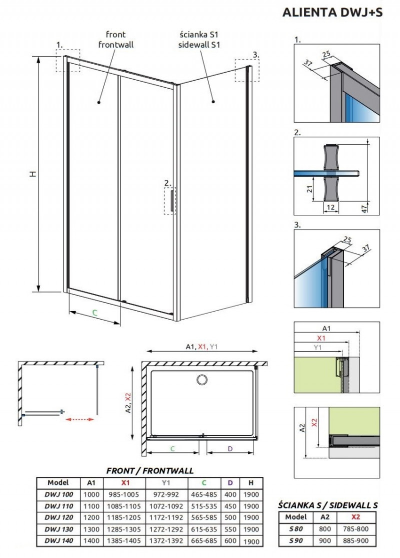 Radaway Alienta Black DWJ+S ścianka boczna S do drzwi 90 cm czarny przeźroczyste Easy Clean 10270090-54-01