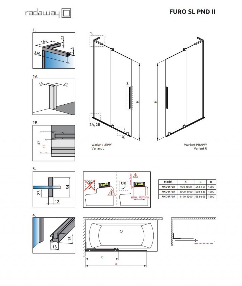 Radaway Furo SL PND II parawan wannowy przesuwny 120 cm prawy chrom przeźroczyste Easy Clean 10309638-01-01R + 10112594-01-01