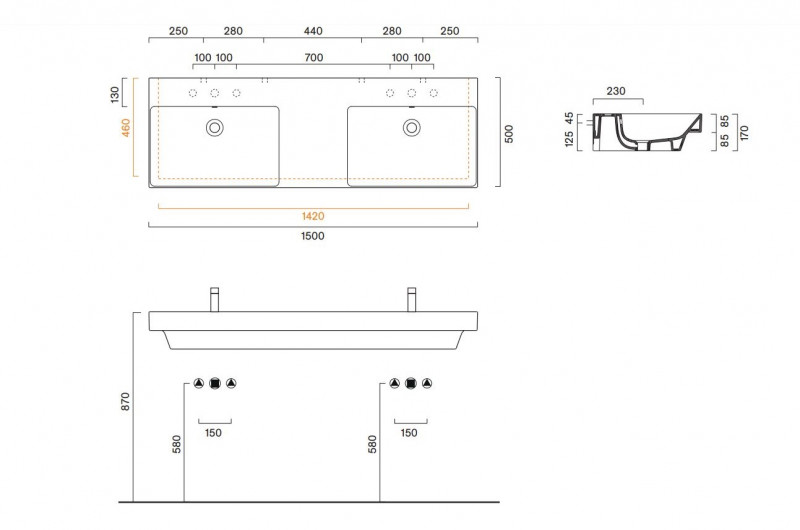 Catalano New Zero 150 umywalka podwójna z blatem 150x50 z 2 otworami biały Cataglaze 0121522001