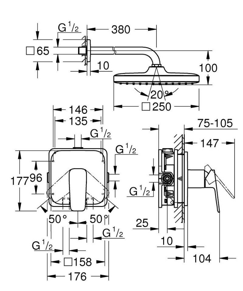 GROHE Cubeo kompletny podtynkowy zestaw prysznicowy z deszczownicą Tempesta 250 chrom 1053340000 + 35600000